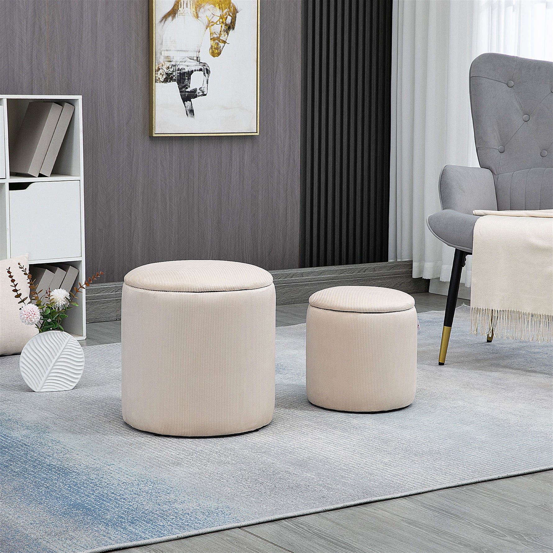 Lot de 2 poufs tabourets repose-pieds coffre de rangement en tissu aspect velours côtelé Ø40 cm et Ø30 cm, crème