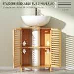 Meuble sous Lavabo en Bambou, Meuble de Salle de Bain avec 2 Portes Persiennes, Étagère Réglable, Bois Naturel