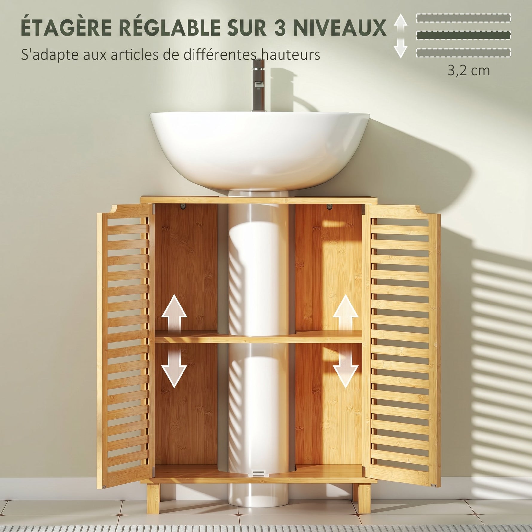 Meuble sous Lavabo en Bambou, Meuble de Salle de Bain avec 2 Portes Persiennes, Étagère Réglable, Bois Naturel