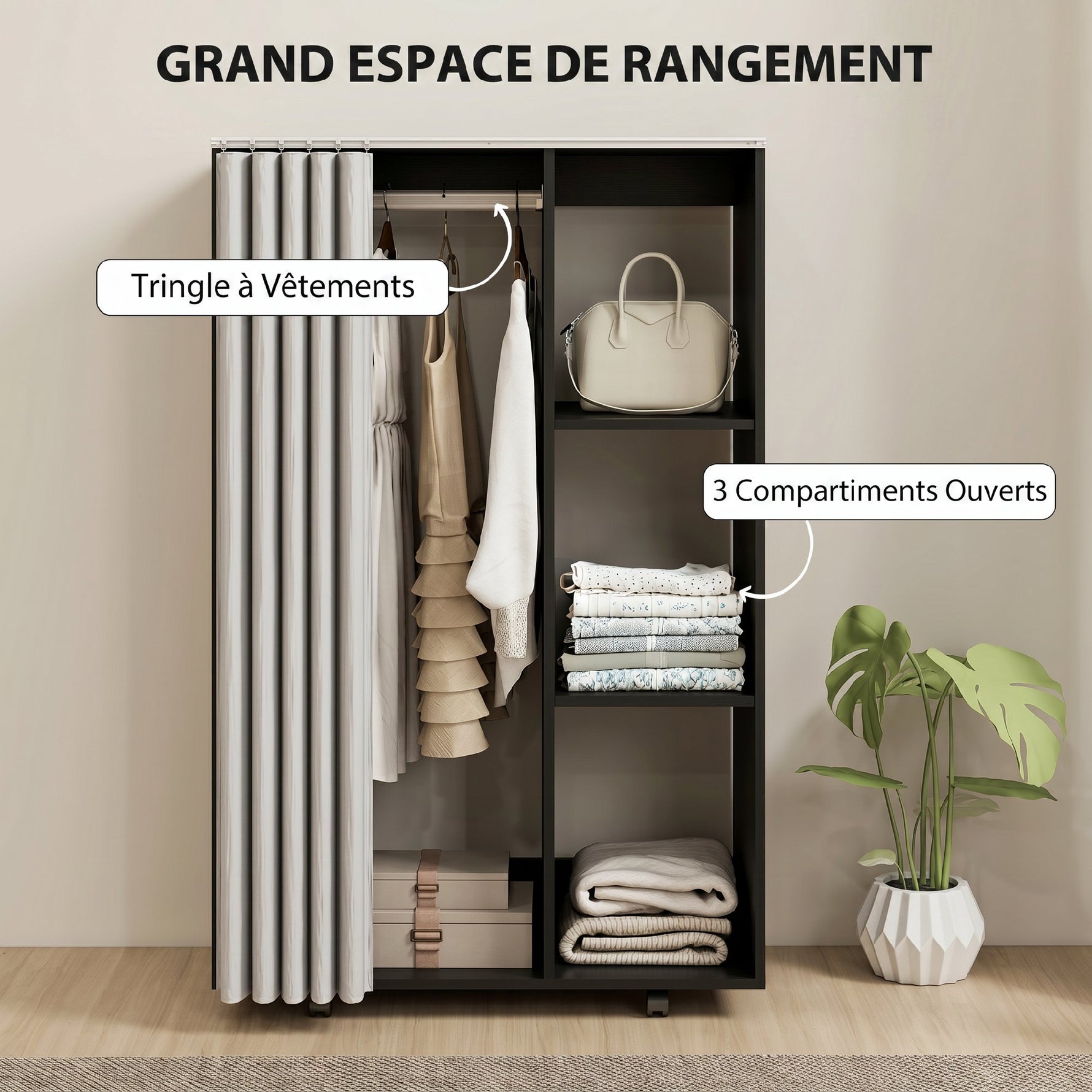 Armoire penderie vêtement dressing mobile 4 roulettes tringle à vêtements et étagères ouvertes 80 x 40 x 128 cm noir