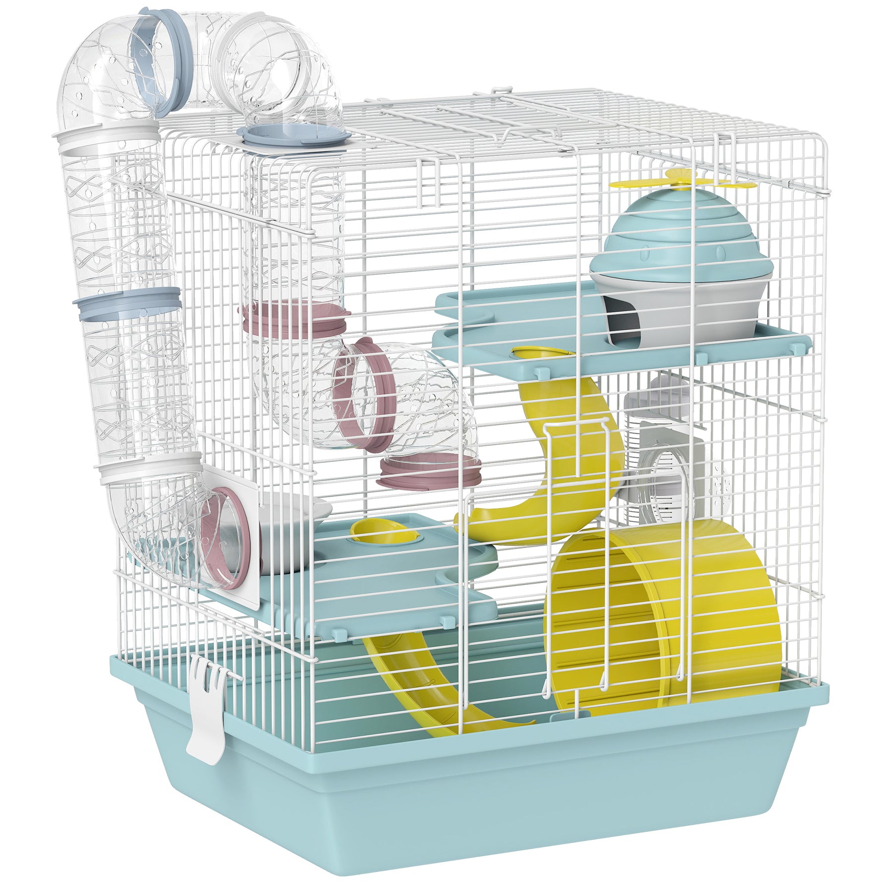 Cage hamster, cage rongeur à 3 niveaux, avec roue d'exercice, tunnel de jeu, gamelle, cabane, 34,5 x 27,5 x 41 cm, bleu
