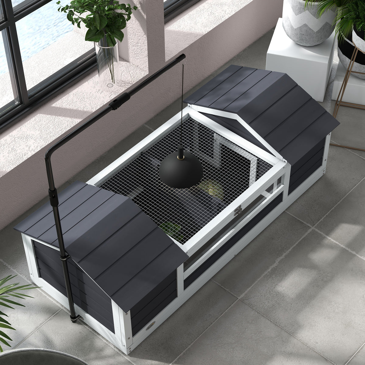 Casa para tortugas terrestres recinto exterior 2 refugios soporte de lámpara ajustable madera maciza 120 x 56,5 x 43 cm gris