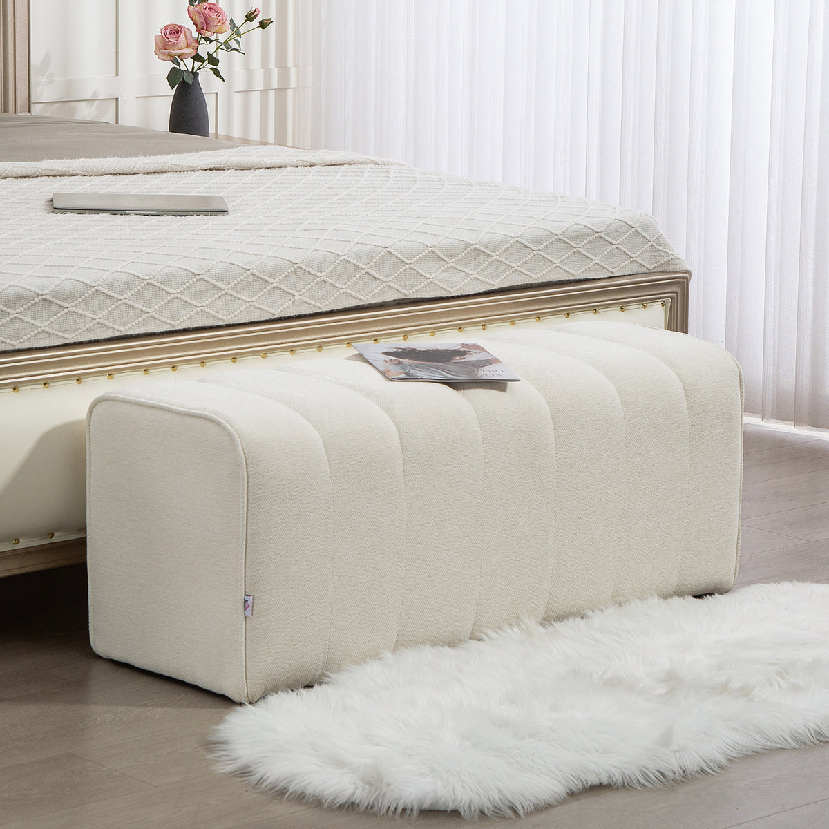 Banc bout de lit, banquette rembourrée, style moderne, ottoman en tissu aspect lin, 110 x 40 x 44 cm, crème