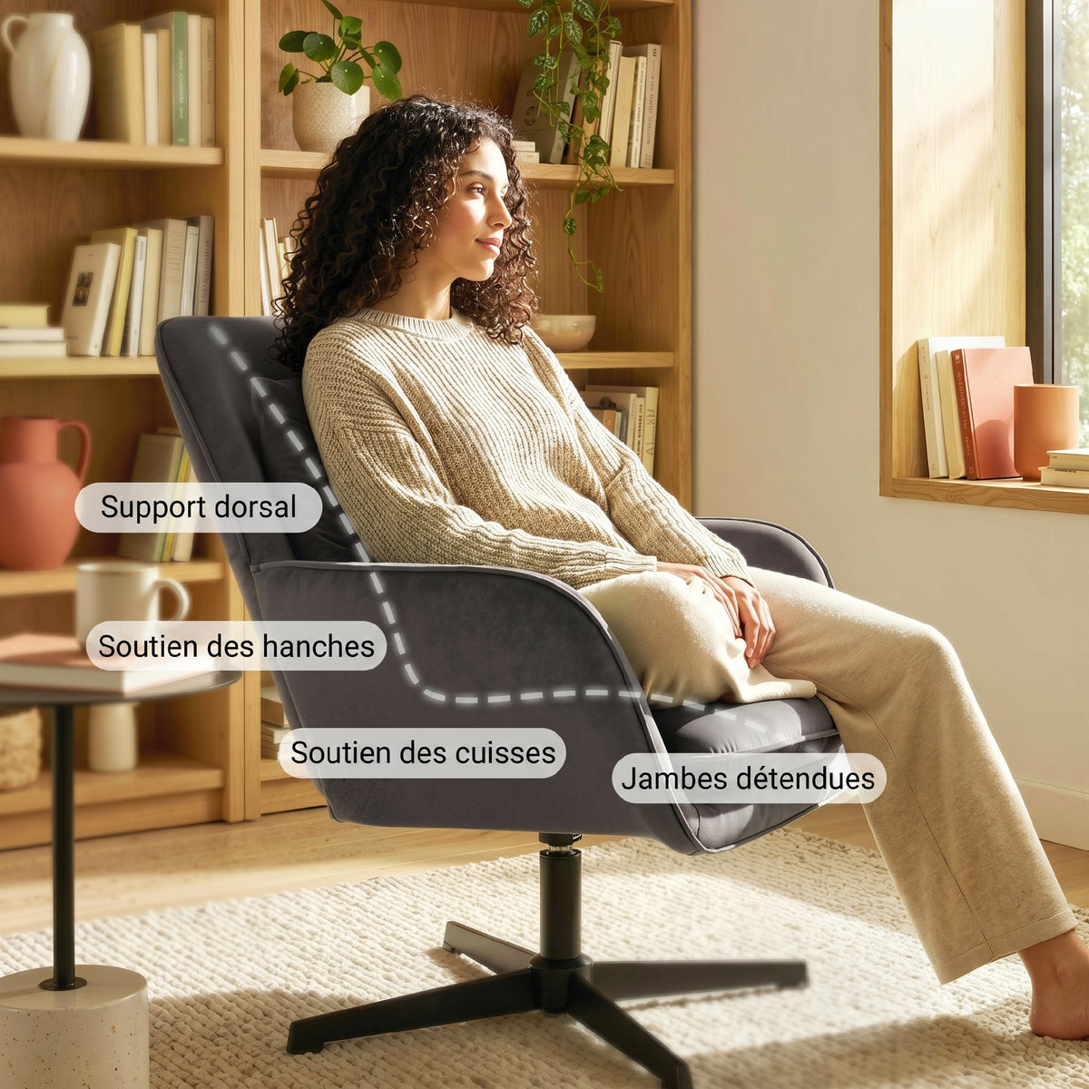 Fauteuil salon, fauteuil d'appoint rembourré en velours avec large assise, coussin et structure en métal, gris foncé