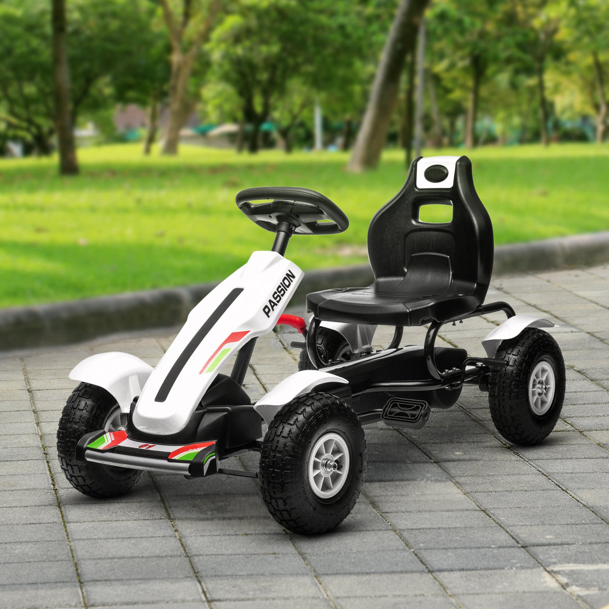 Kart à pédales pour enfant siège réglable 3 positions frein à main enfant de 5 à 12 ans blanc noir