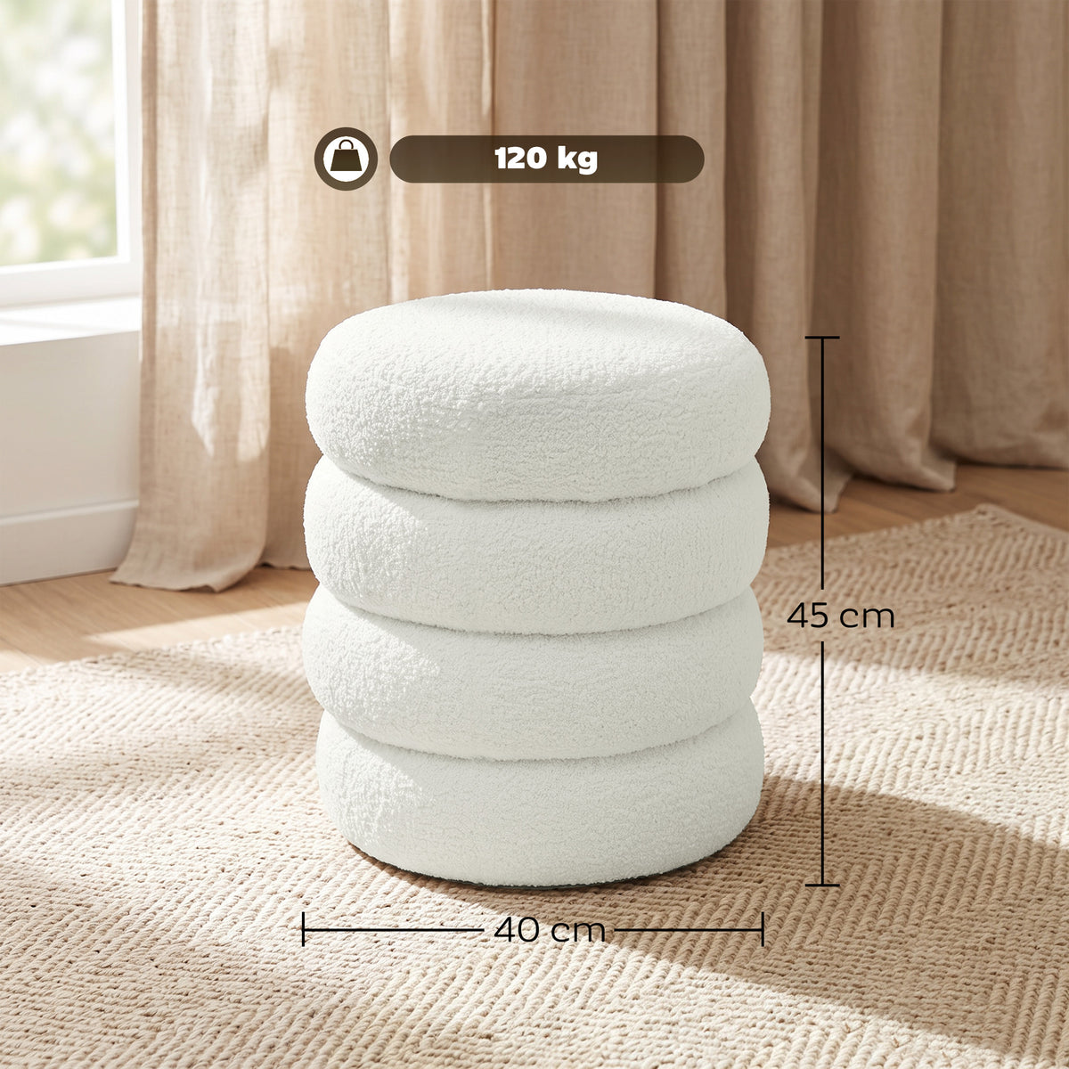Poggiapiedi da soggiorno, sgabello ottomano rotondo imbottito in tessuto Teddy, per camera da letto, ingresso, Ø 40 x 45 cm, bianco