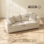 Canapé 3 places 212 cm avec 2 coussins à ressorts, tissu velours côtelé, pour salon, chambre, bureau à domicile, crème