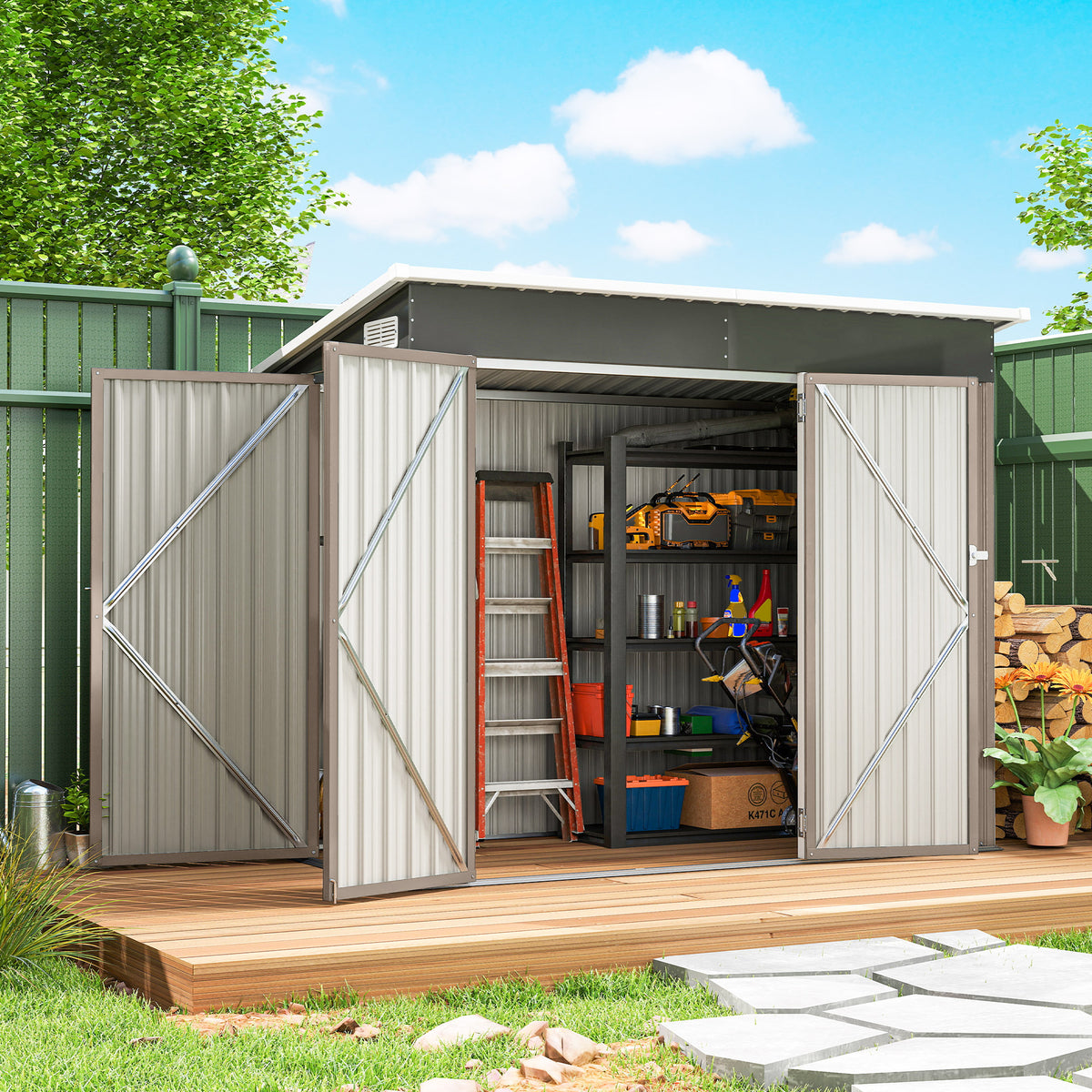 Abri de jardin en métal cabane jardin extérieure triple porte verrouillable toit incliné aérations 234x132x185cm gris
