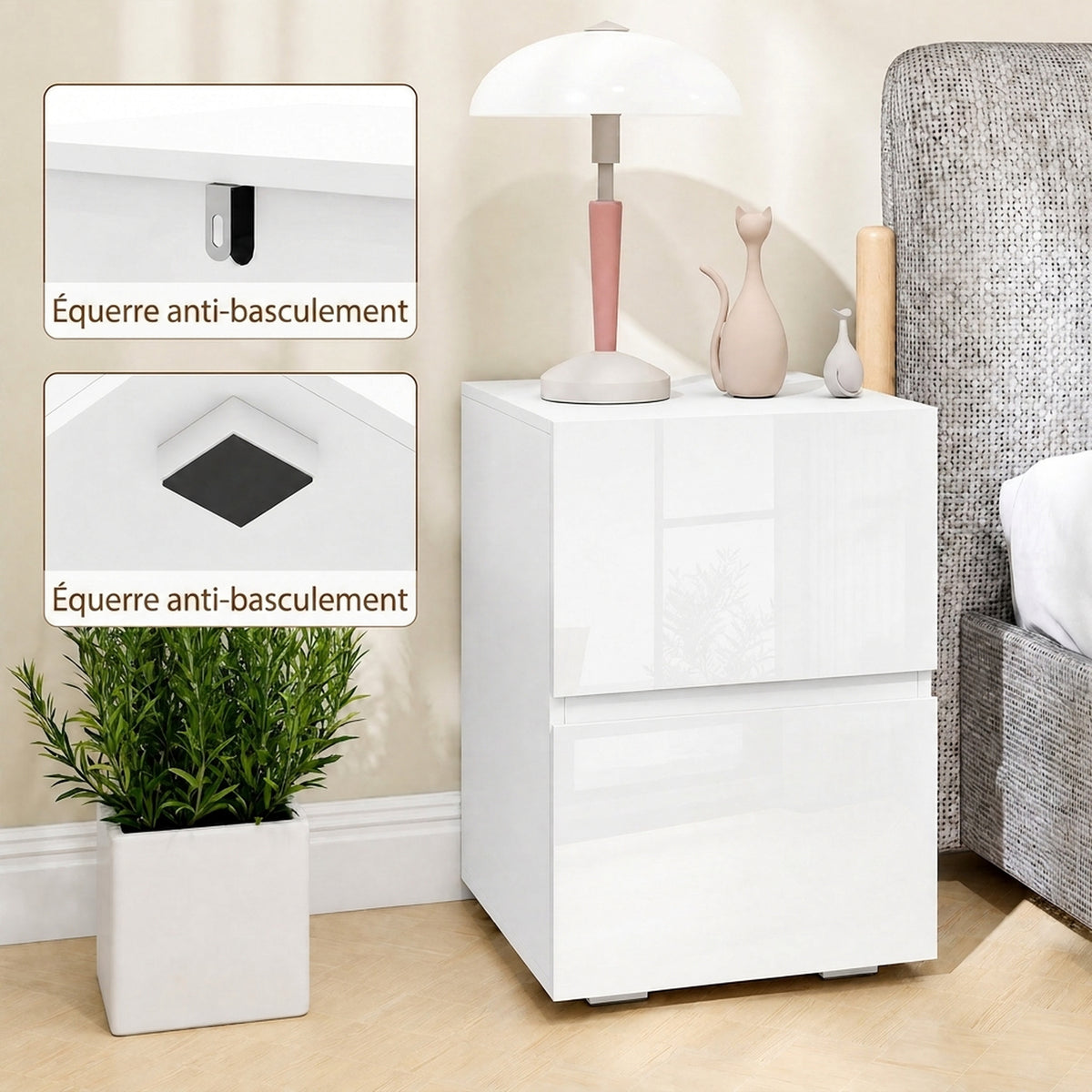 Set di 2 Comodini, Tavolini con 2 Cassetti, Frontali Lucidi, Ampio Piano, 40x40x58cm, Bianco
