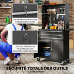 Servante d'atelier en acier à 3 tiroirs, chariot à outils sur roulettes, étagère réglable, panneau perforé, noir
