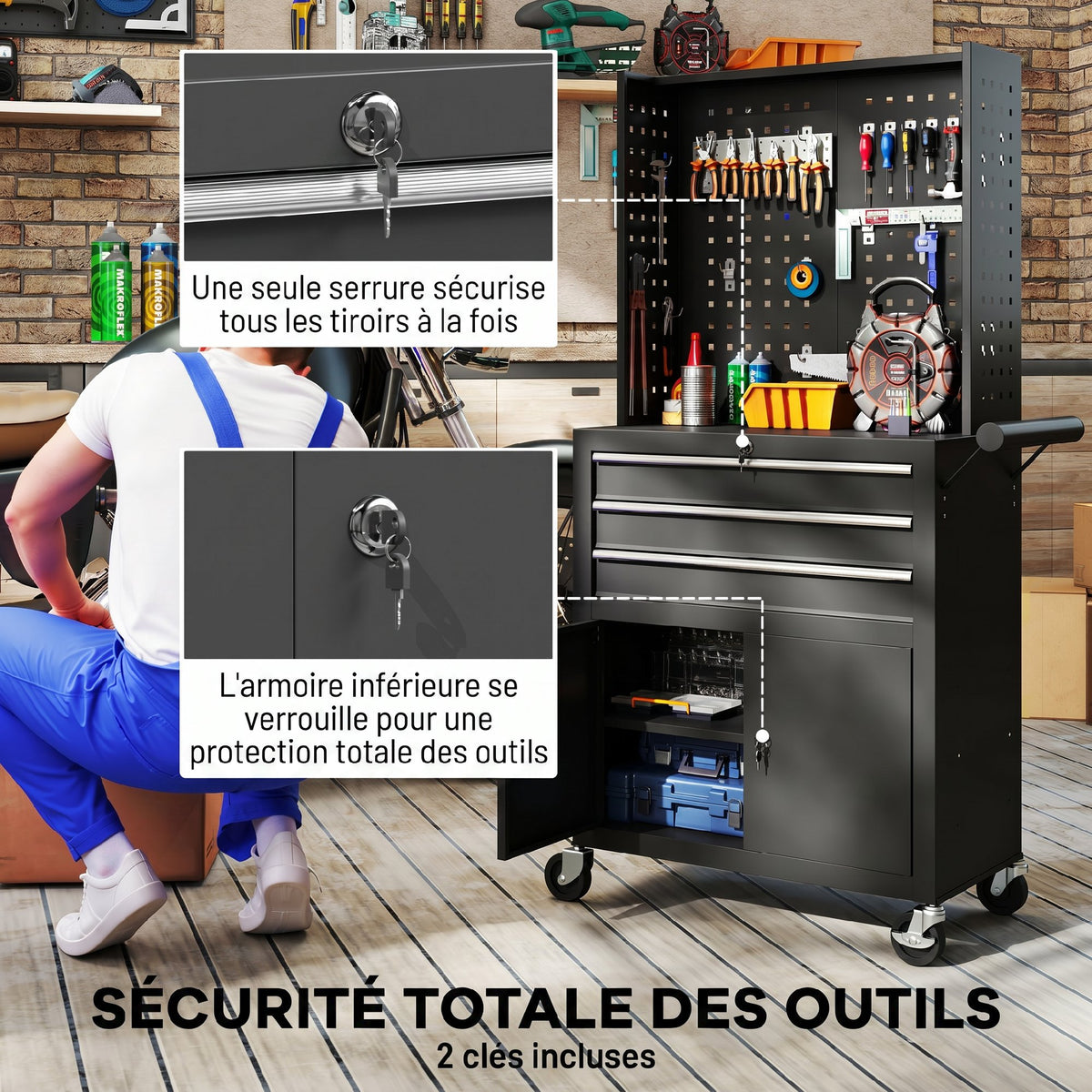 Servante d'atelier en acier à 3 tiroirs, chariot à outils sur roulettes, étagère réglable, panneau perforé, noir