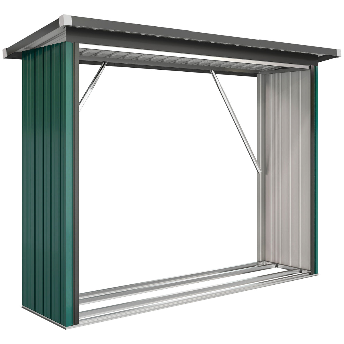 Abri-bûches Couvert Support pour Bois de Chauffage Plancher Surélevé Toit Incliné, Acier Galvanisé 213x66,5x150cm Vert