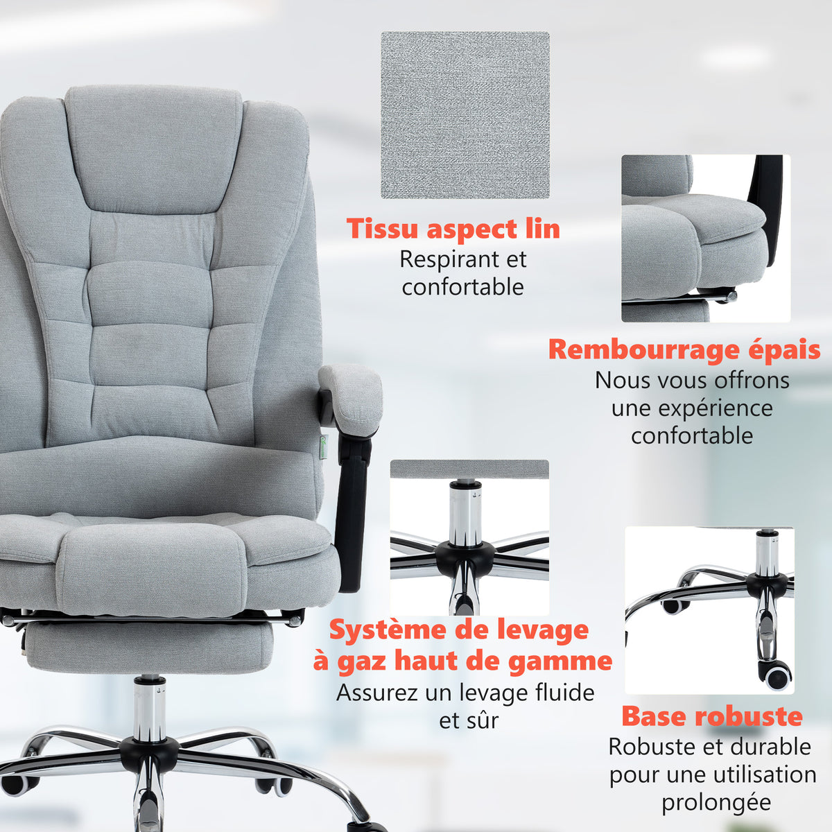 Fauteuil de bureau massant et chauffant, chaise de bureau, hauteur réglable, dossier inclinable, 65x70x111-119cm, gris
