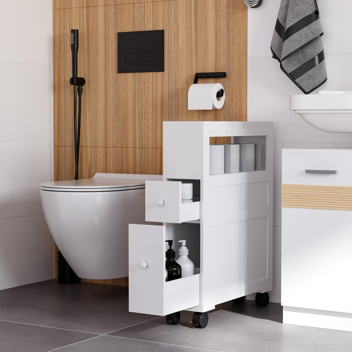 Badezimmer-Rollwagen, WC-Schrank, offenes Regal mit 2 Schubladen, 16 x 52 x 71,5 cm, weiß