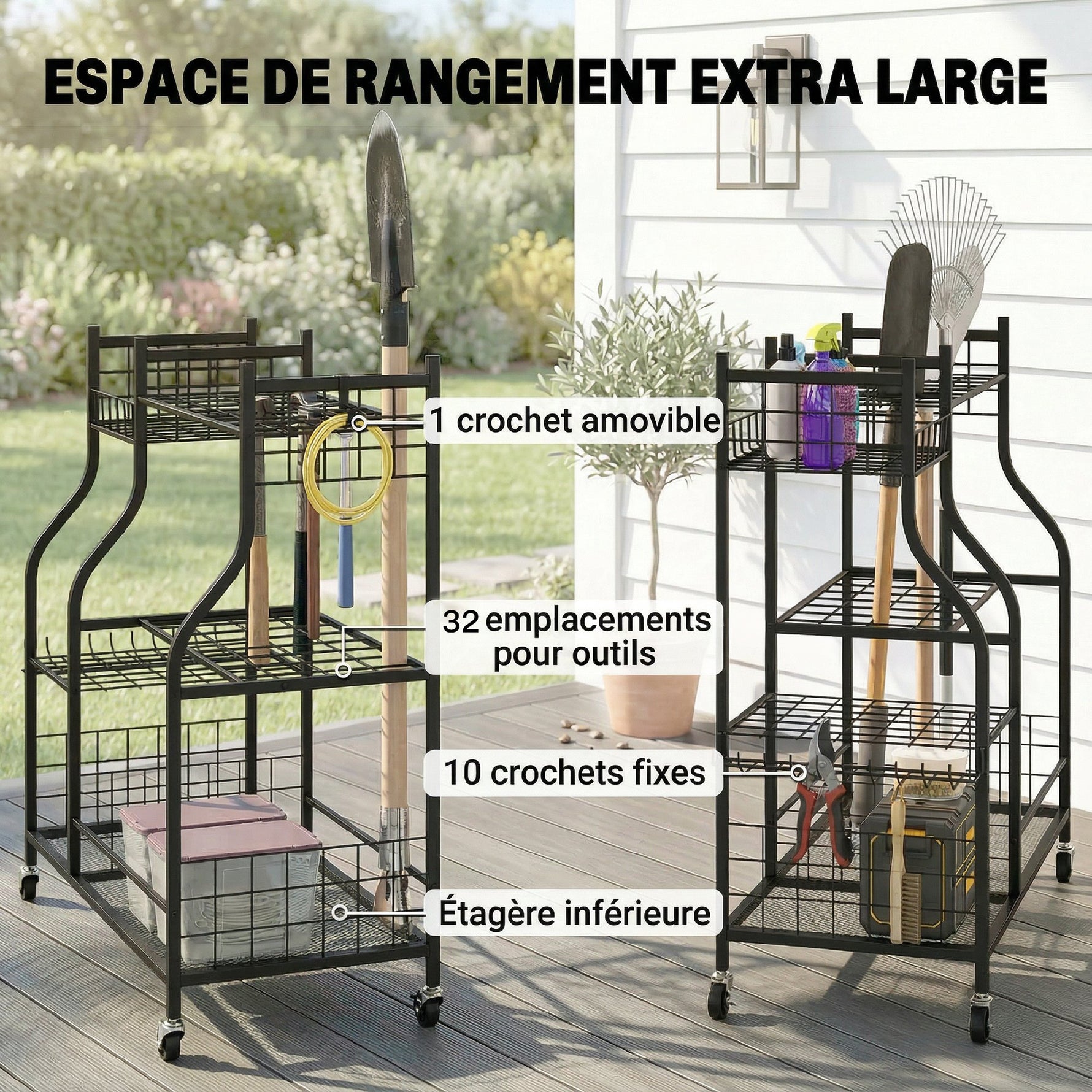 Organisateur d'Outils de Jardin en Acier à 3 Niveaux, 32 Emplacements, 4 Roues, 11 Crochets, 104x40x95cm, Noir