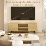 Meuble TV, meuble télé jusqu'à 65 pouces, 2 portes à ouverture par pression et 2 étagères, 160x35x55,5cm, bois naturel