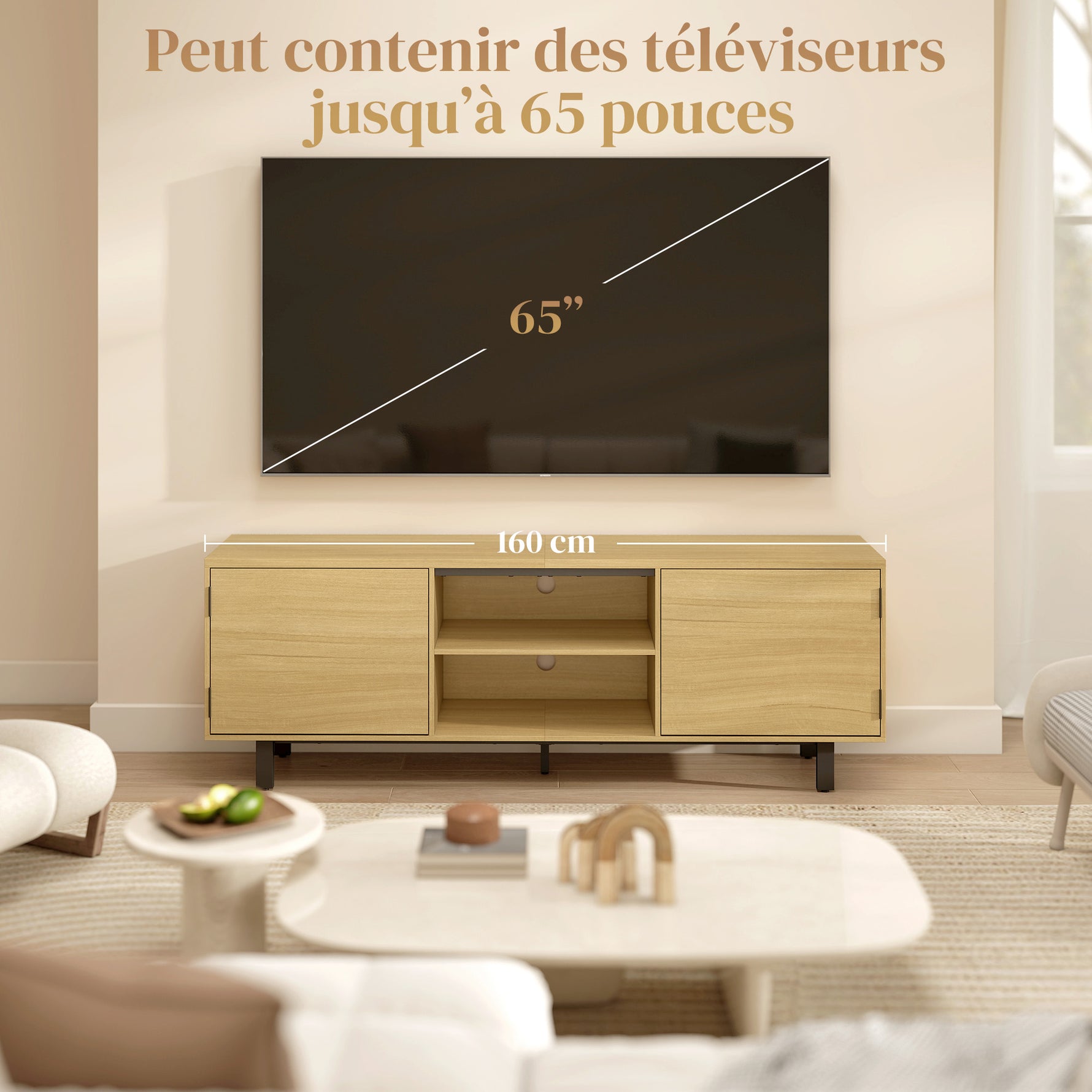 Meuble TV, meuble télé jusqu'à 65 pouces, 2 portes à ouverture par pression et 2 étagères, 160x35x55,5cm, bois naturel