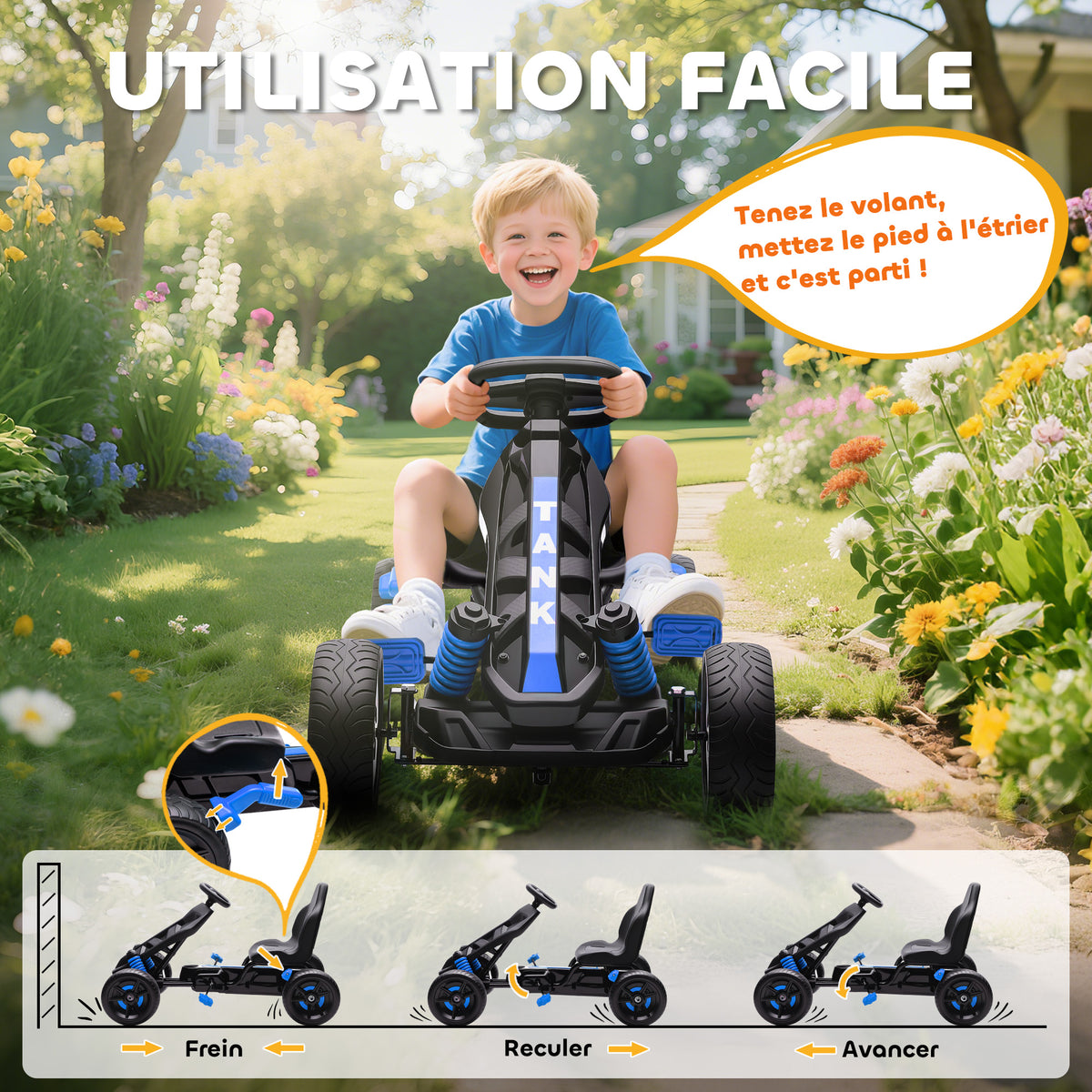Kart à pédales pour enfants, karting enfant 3 à 6 ans avec roue libre, frein, roues EVA antidérapantes, bleu
