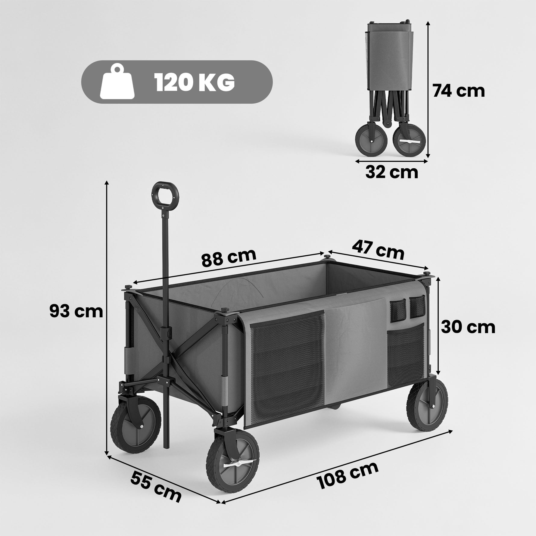 Chariot de jardin pliable bâche amovible poignée télescopique inclinaison réglable 5 sacs 108 x 55 x 93 cm gris foncé