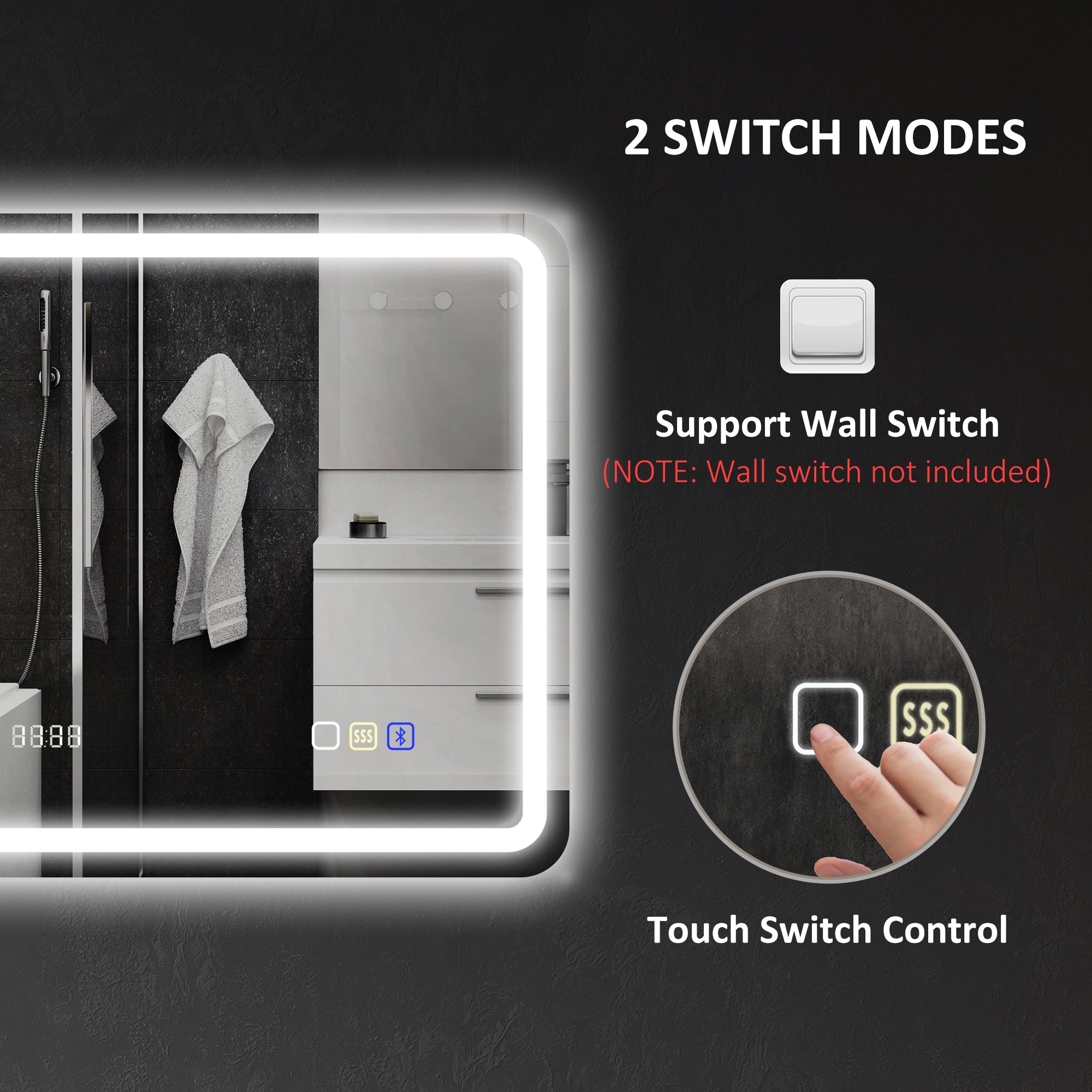 Bainugelako Bluetooth ispilua LED argiztapenarekin 60 x 80 cm, hormako ispilu argiztatua erlojuarekin, lainoaren aurkakoa, zilar kolorekoa