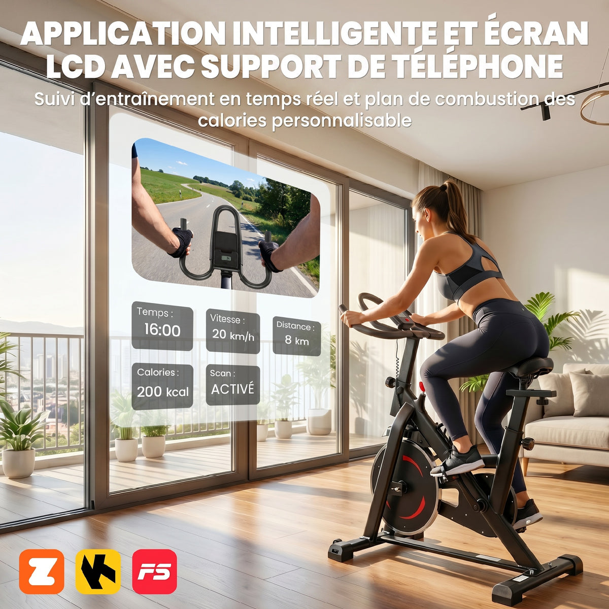 Vélo d'Appartement Silencieux avec Résistance Magnétique Réglable, APP Connectez, Écran LCD, 111,5x52,5x114,5cm, Noir