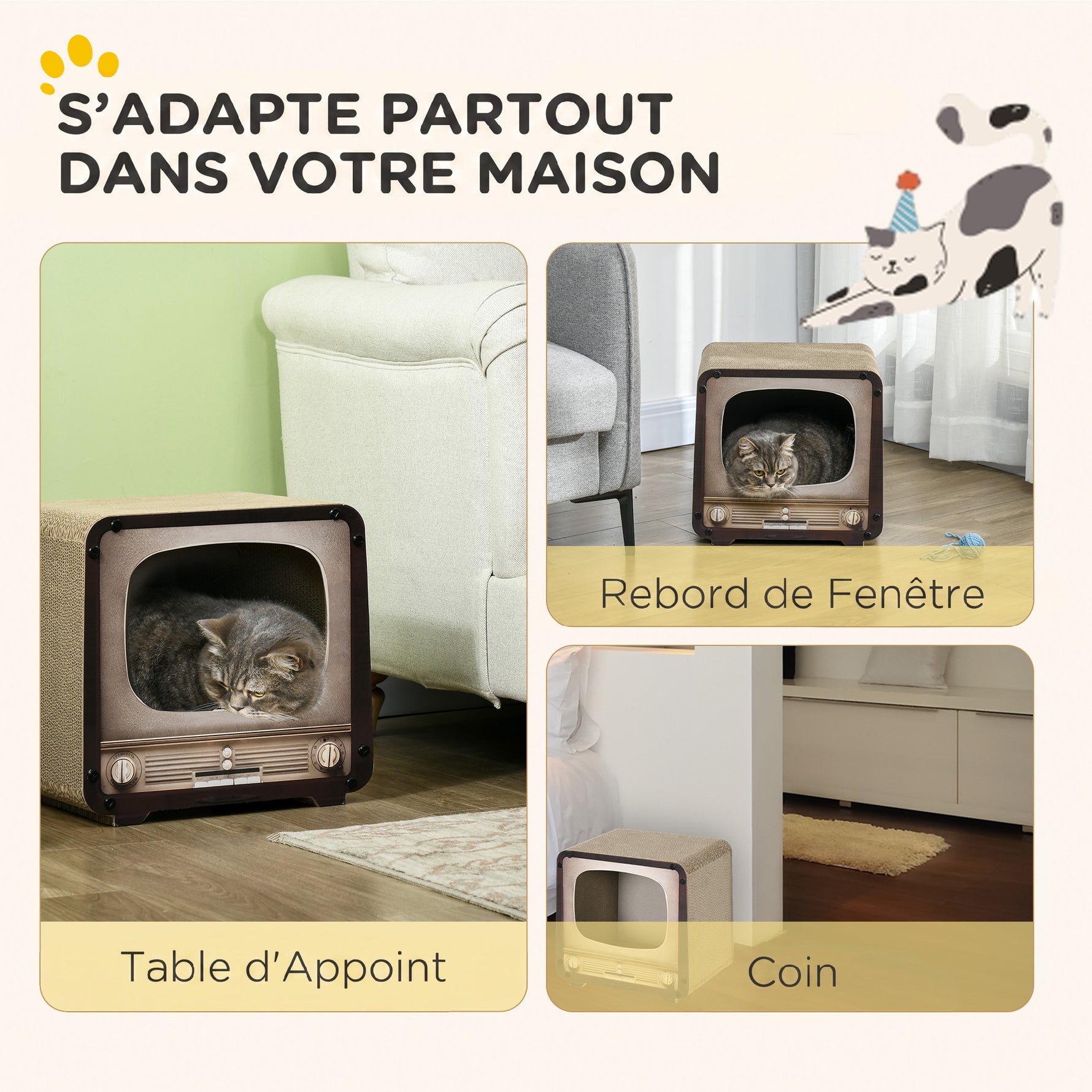Griffoir pour Chat 2 en 1 en Forme de Téléviseur, Maison et Tapis à Griffer en Carton Ondulé, 39x29x37cm, Marron