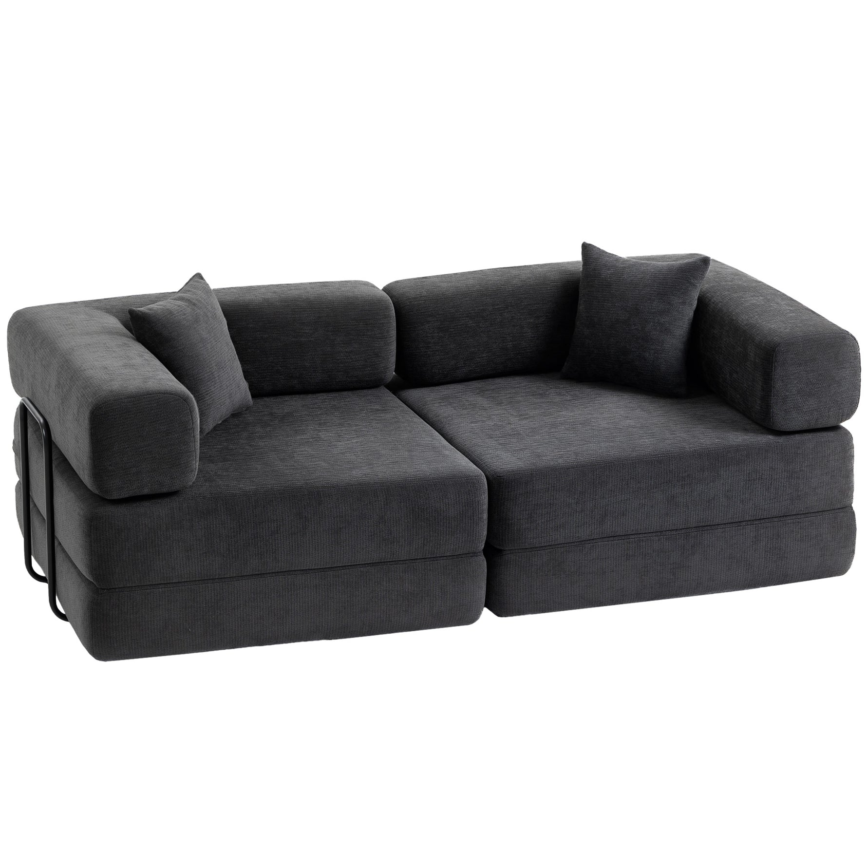 Canapé Convertible 2 Places, Canapé-Lit en Chenille 198 cm, Assise et Accoudoirs Larges, 2 Coussins, Gris Foncé