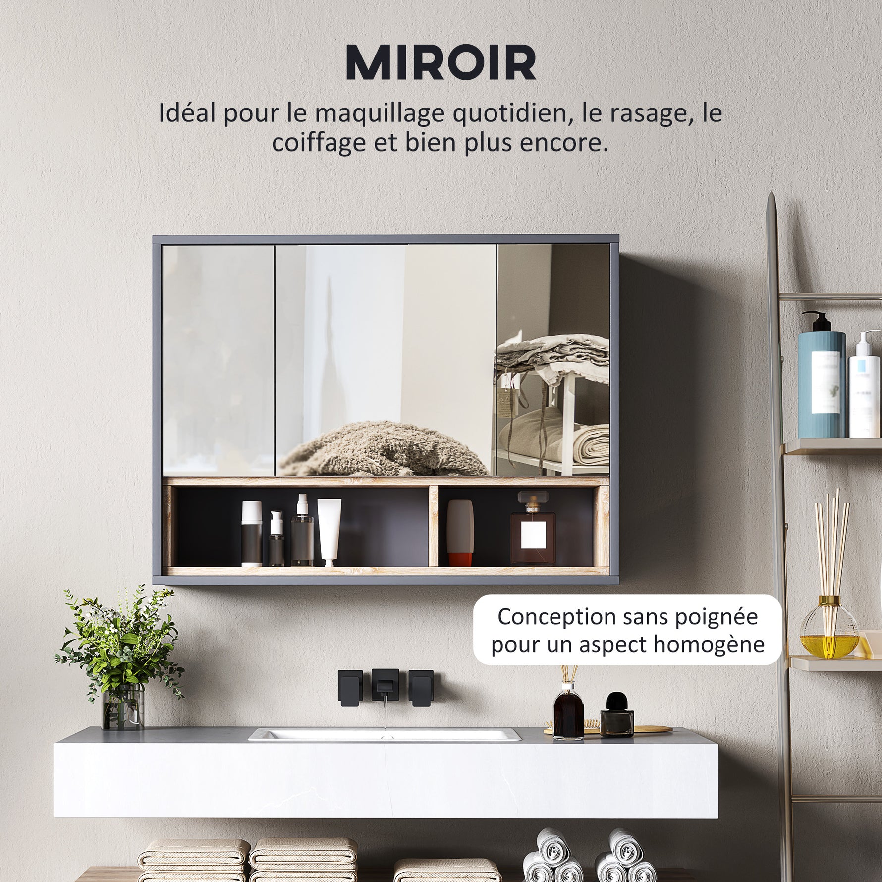 Meuble salle de bain avec miroir, armoire toilettes murale avec placards à 3 portes et 8 compartiments, gris