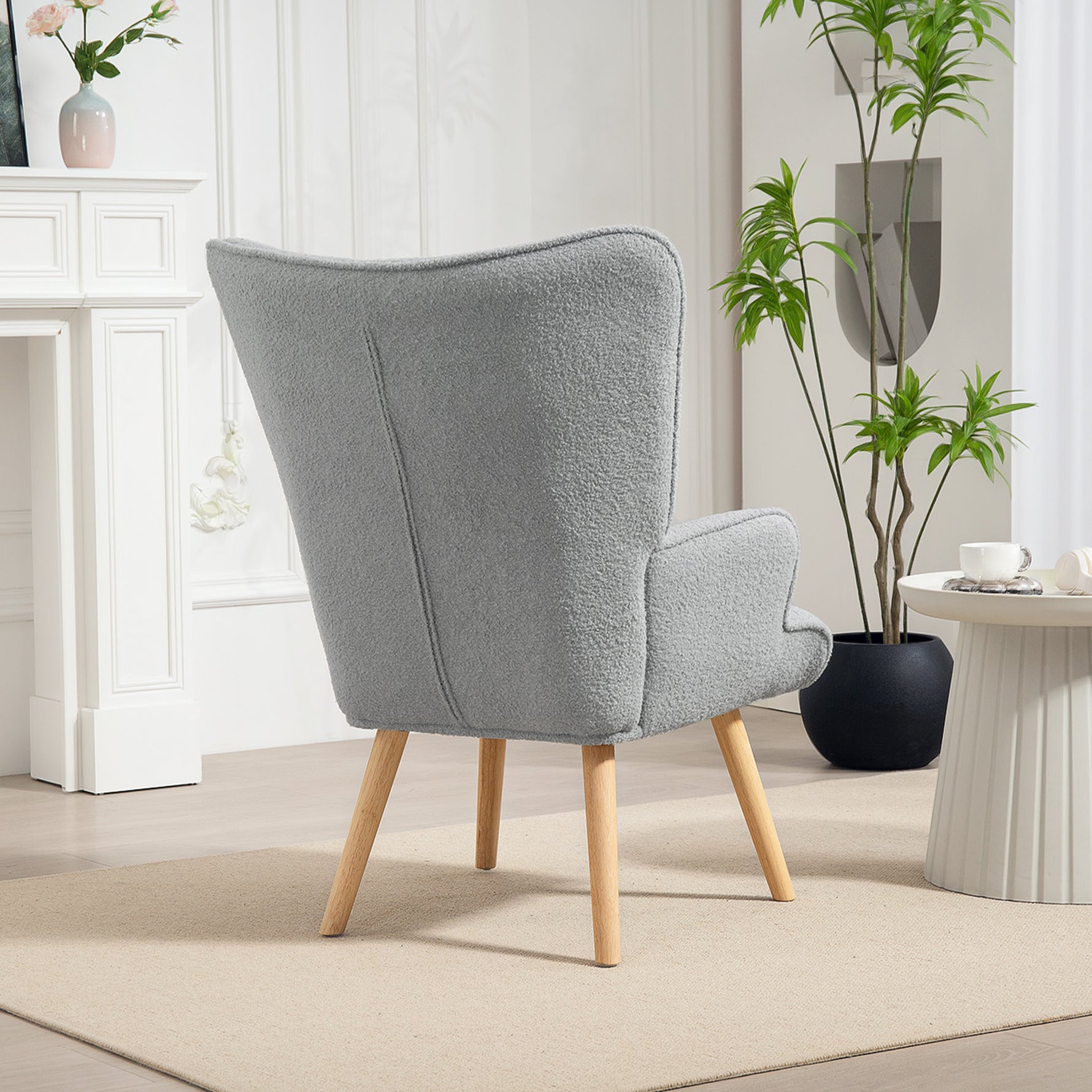 Fauteuil de salon en tissu bouclette, fauteuil capitonné et rembourré avec pieds en bois, 71 x 74 x 96 cm, gris clair