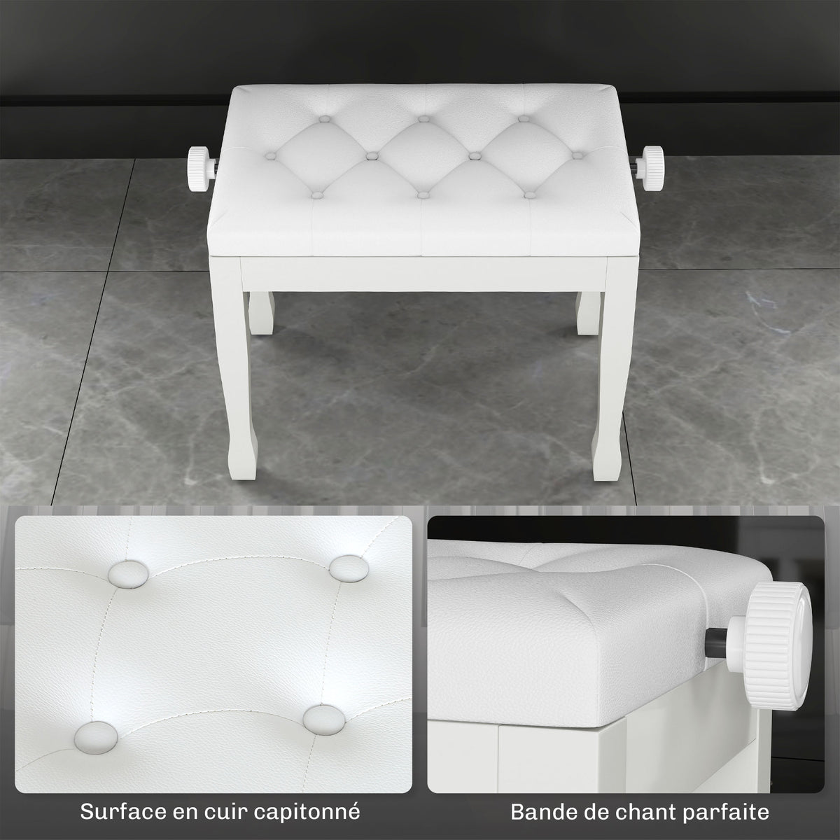 Banc de piano, banc de clavier réglable en hauteur en bois massif, siège rembourré, 64 x 35 x 45-55 cm, blanc