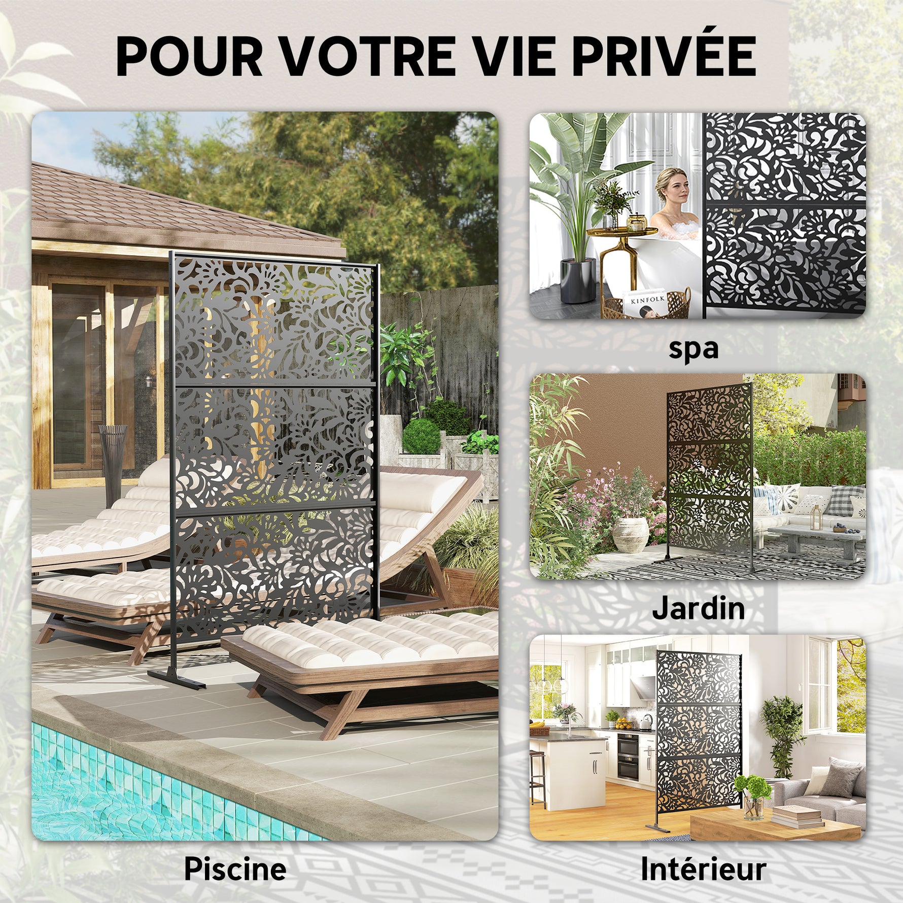 Panneau Brise Vue décoratif Extérieur Claustra Décoratif Jardin 3 Panneaux à motif floral Acier 122 x 45 x 198 cm Noir