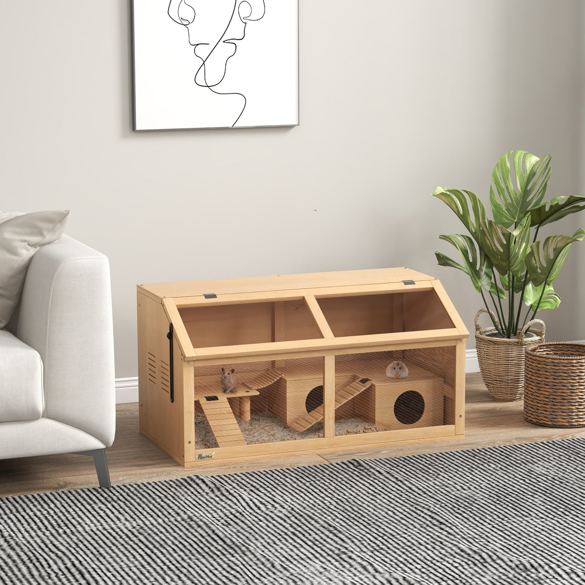 Cage hamster en bois habitat grand pour rongeur ventilation couvercle ouvrant et accessoires 85x45x44cm bois naturel