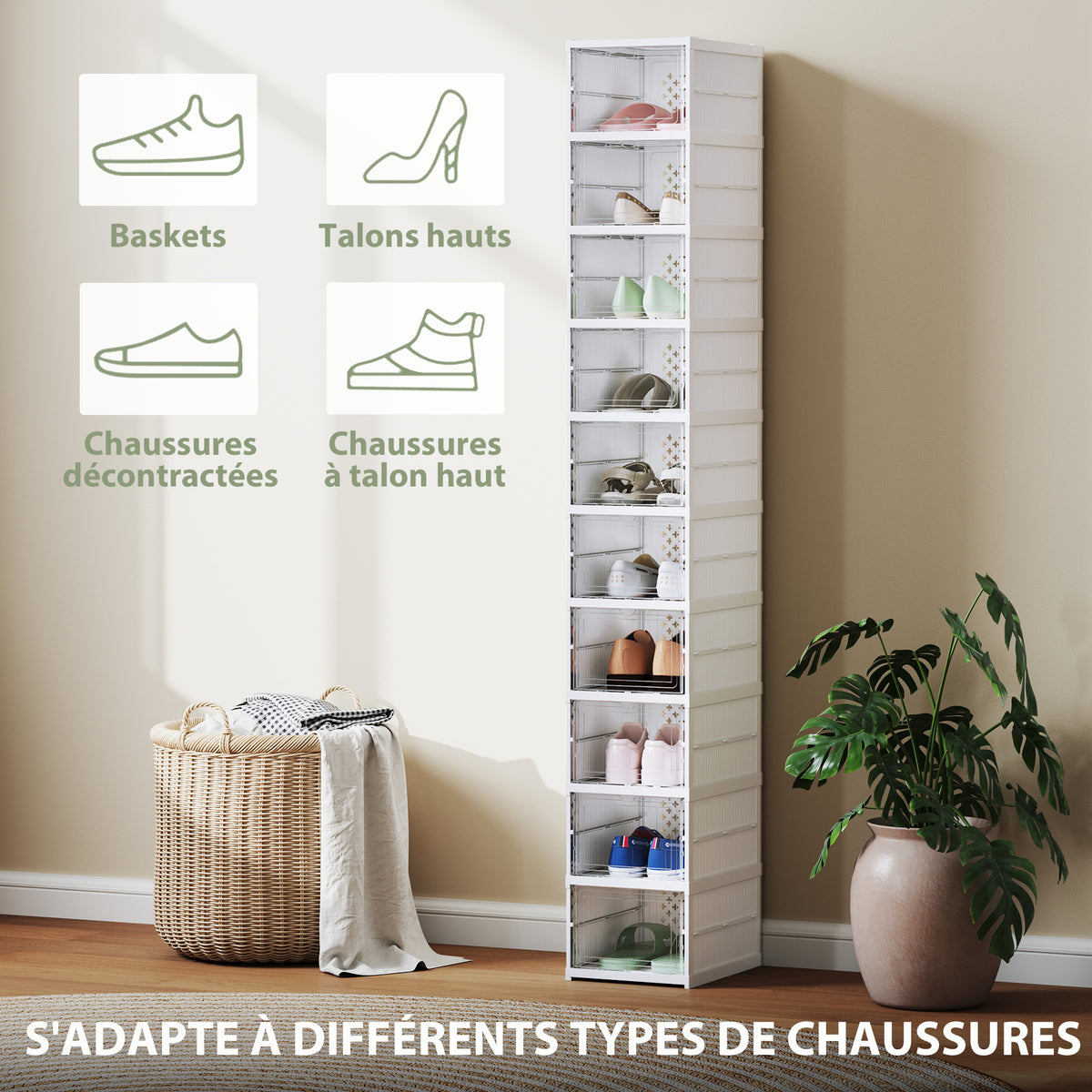 Lot de 10 boîtes à chaussures pliables en plastique empilables avec couvercles, pour pointure jusqu'à 43, blanc