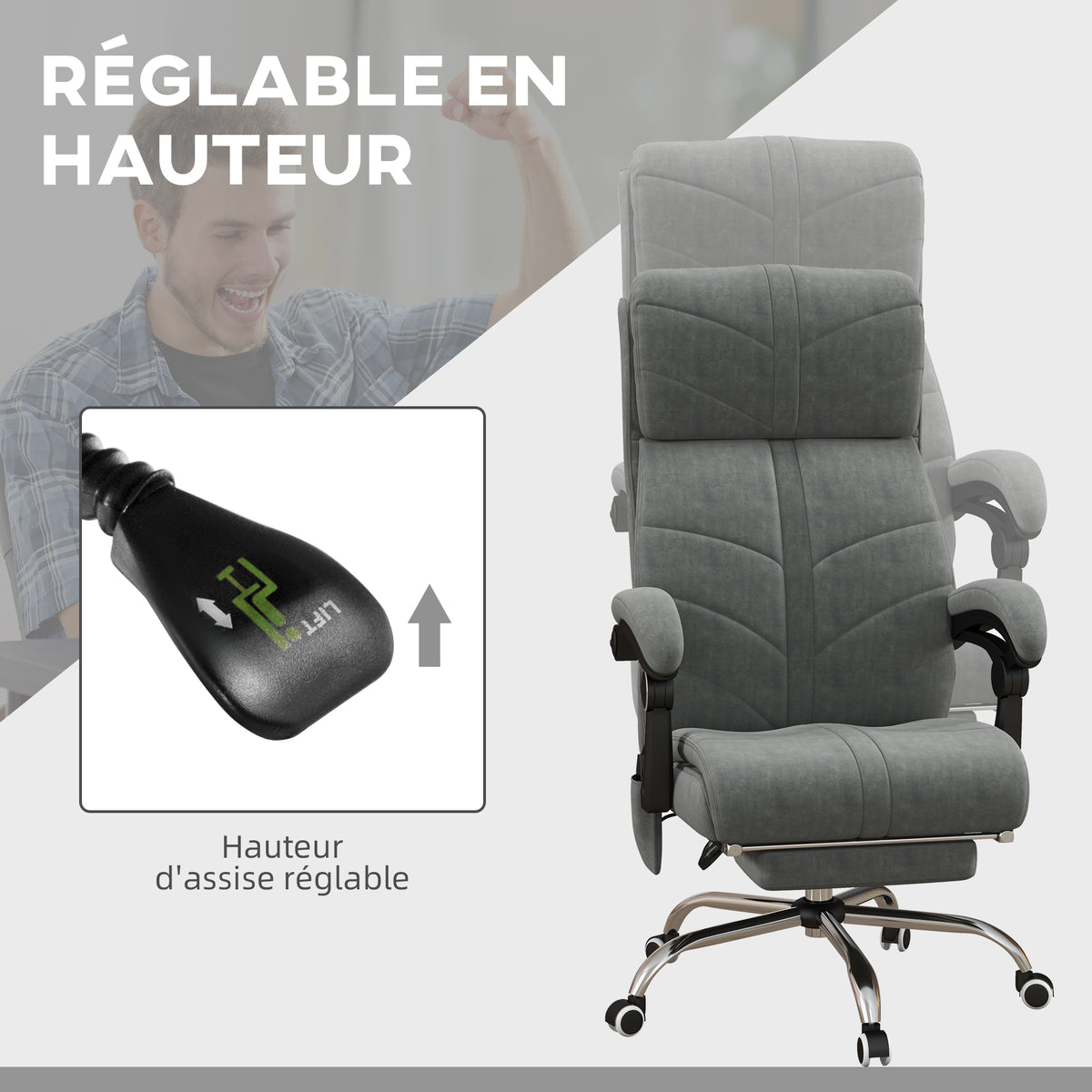 Fauteuil chaise de bureau massant chauffant inclinable avec repose-pieds intégré 5 roulettes gris