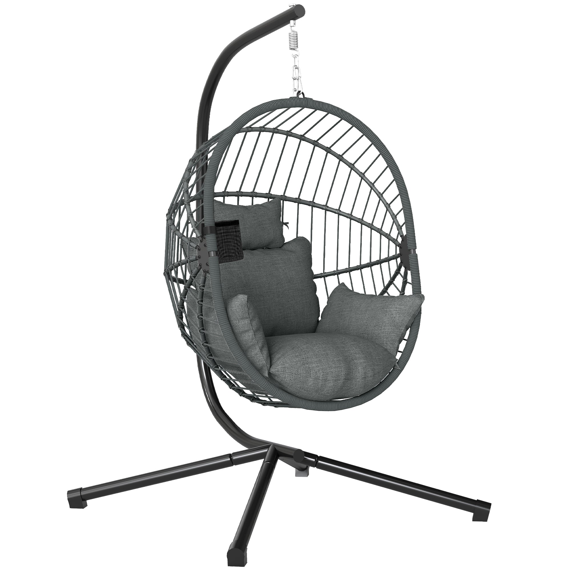 Hanging egg chair, indoor and outdoor swing hammock chair, foldable basket, padded cushion, gray