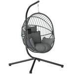Fauteuil œuf suspendu, chaise hamac balançoire intérieur et extérieur, panier pliable, coussin rembourré, gris