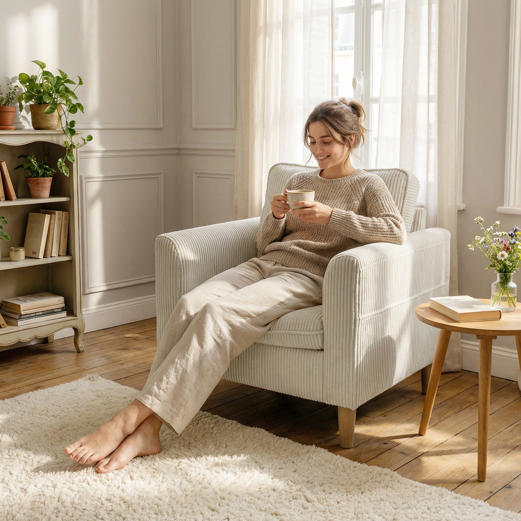 Fauteuil de salon en velours côtelé, canapé 1 place rembourré avec assise large et coussin à ressorts, 83x74x87cm, beige