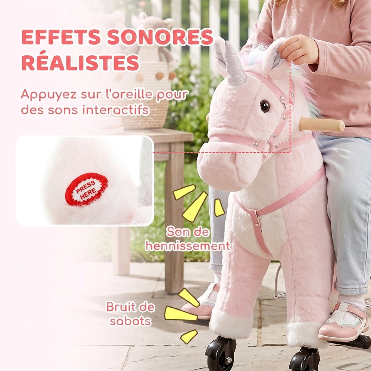 Reitpferd für Kinder, Plüsch-Pferd auf Rollen mit Soundeffekten, für 1 bis 3 Jahre, max. Tragkraft 40 kg, Rosa