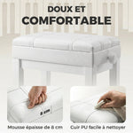 Banquette tabouret siège pour piano coffre intégré hauteur réglable bois hévéa assise revêtement synthétique blanc