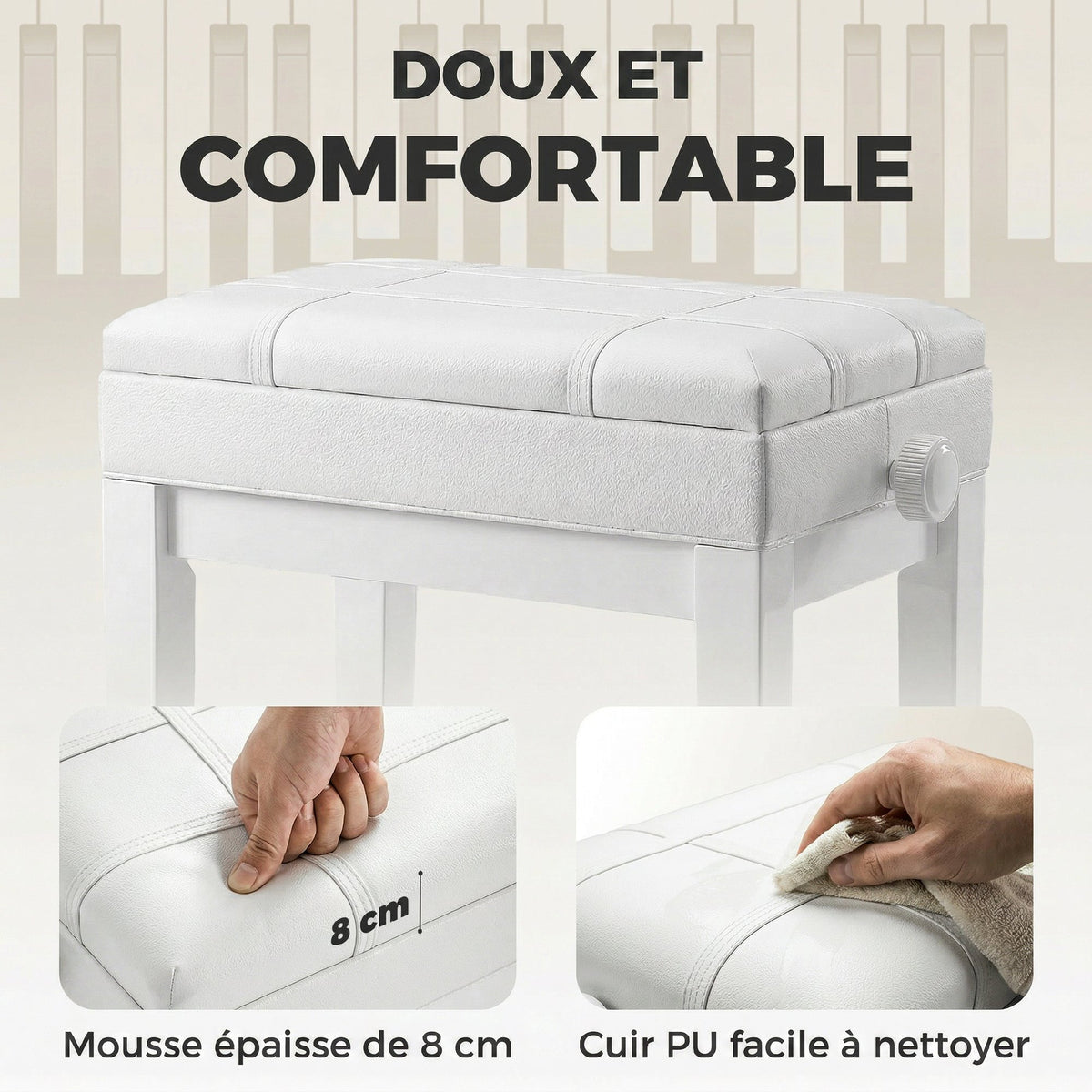 Banquette tabouret siège pour piano coffre intégré hauteur réglable bois hévéa assise revêtement synthétique blanc
