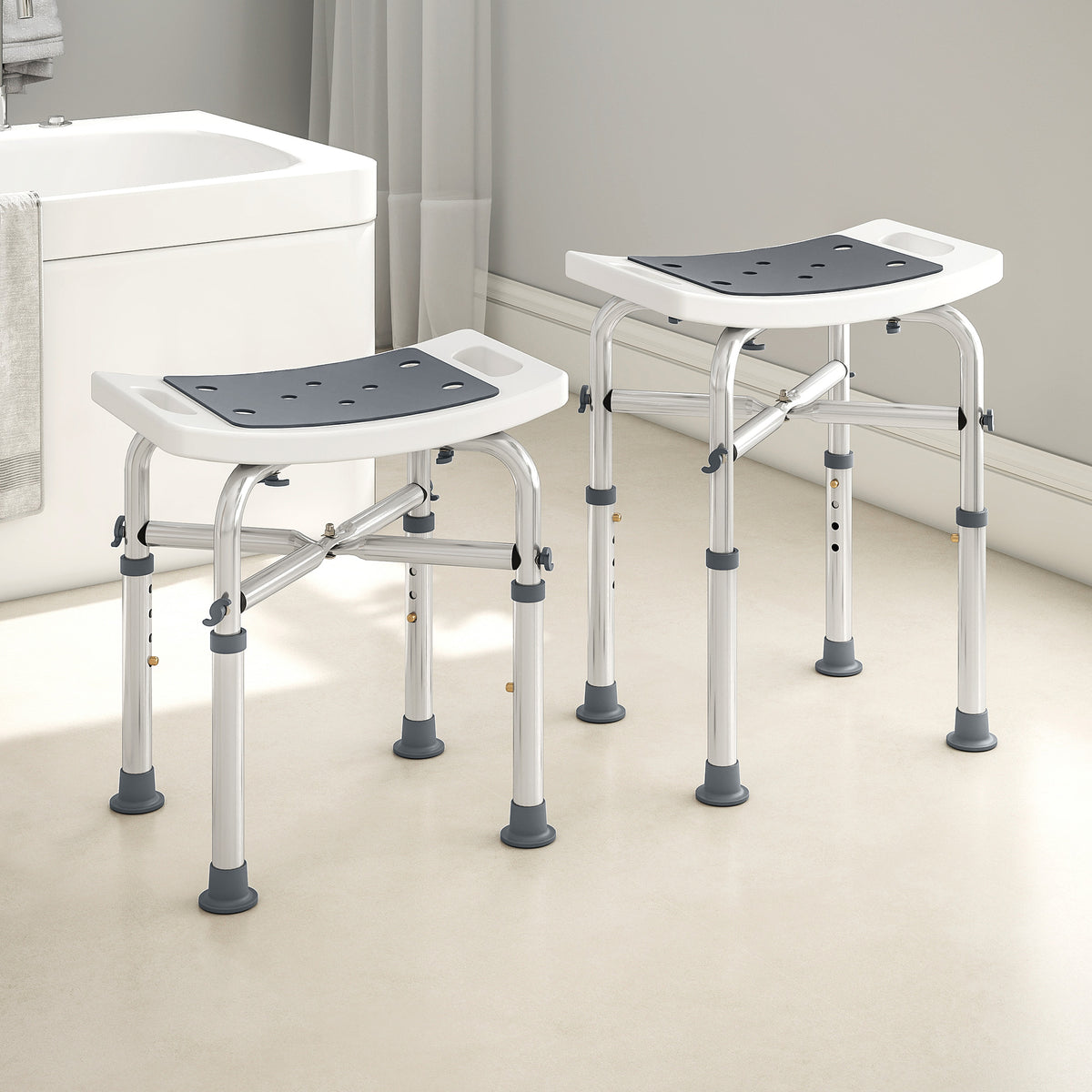 Tabouret de douche chaise de douche - assise rembourré et réglable, patins à ventouses antidérapants, en aluminium gris