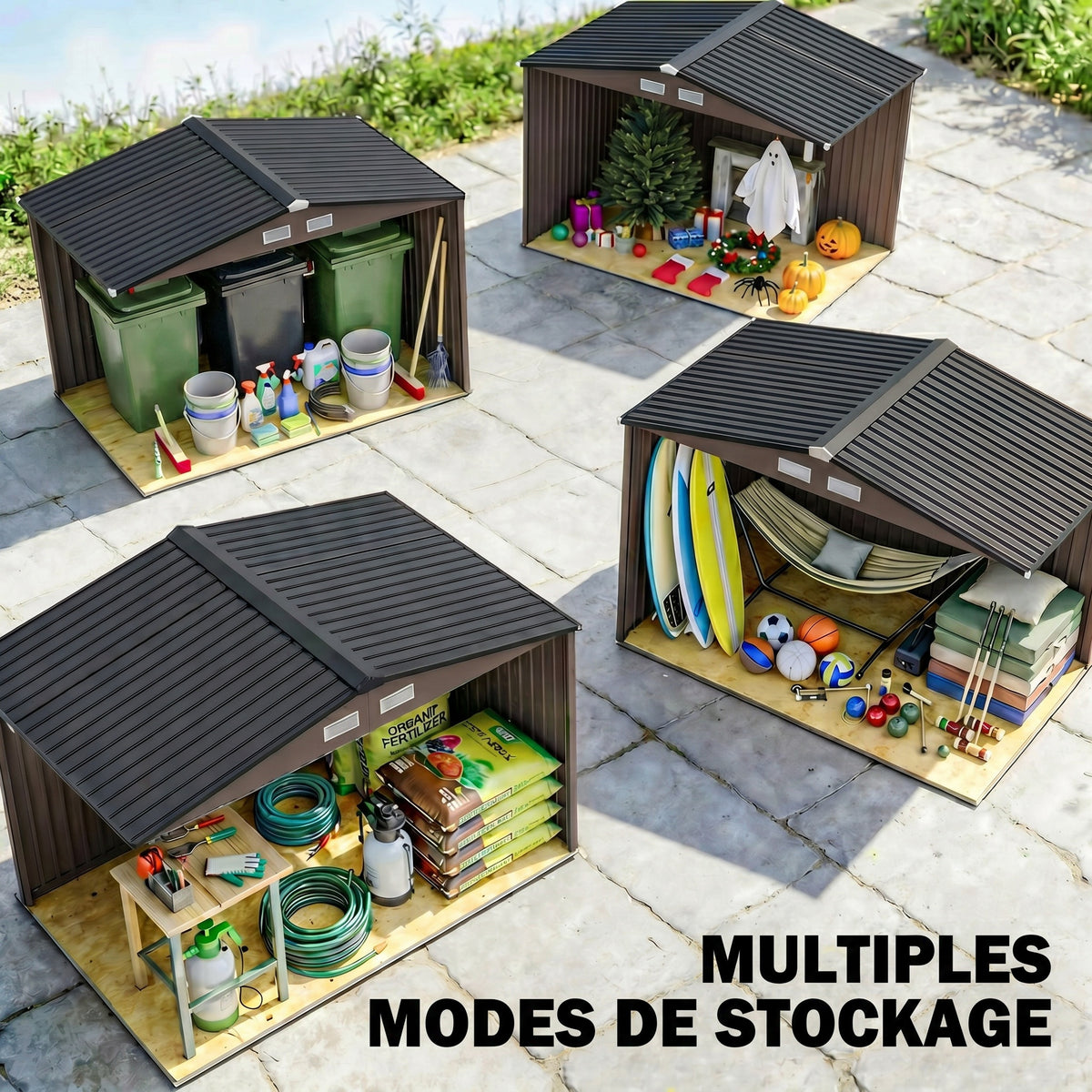 Abri de jardin 5,4 m² 2,77 x 1,95 x 1,92 m kit de fondation porte coulissante ventilations acier galvanisé, marron