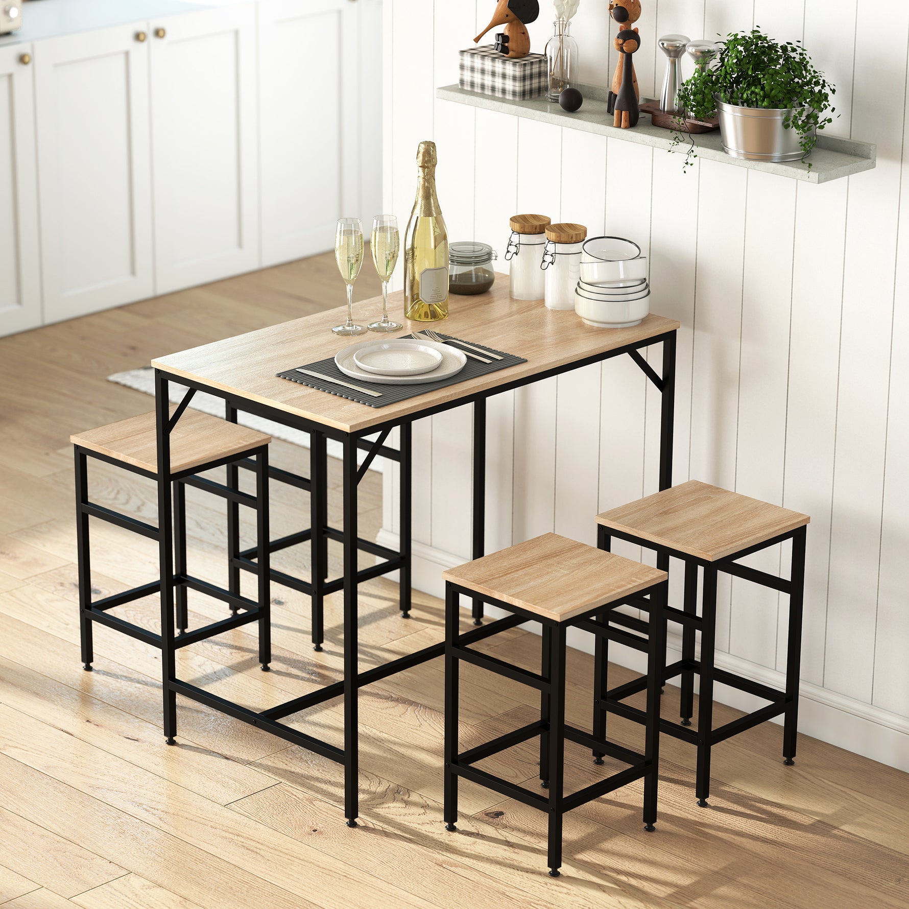 Ensemble Table de Bar Industriel + 4 tabourets Repose-Pieds en Bois couleur Chêne Clair Cadre en métal Noir