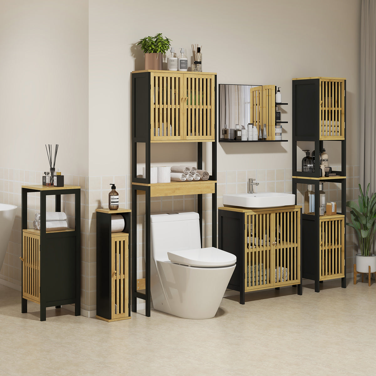 Meuble de salle de bain avec support papier toilette rangement avec barre amovible 2 Niveaux + Sortie Papier MDF Bambou