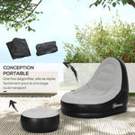 Canapé gonflable et repose-pieds, tissu aspect peluche doux et porte-gobelet, gris