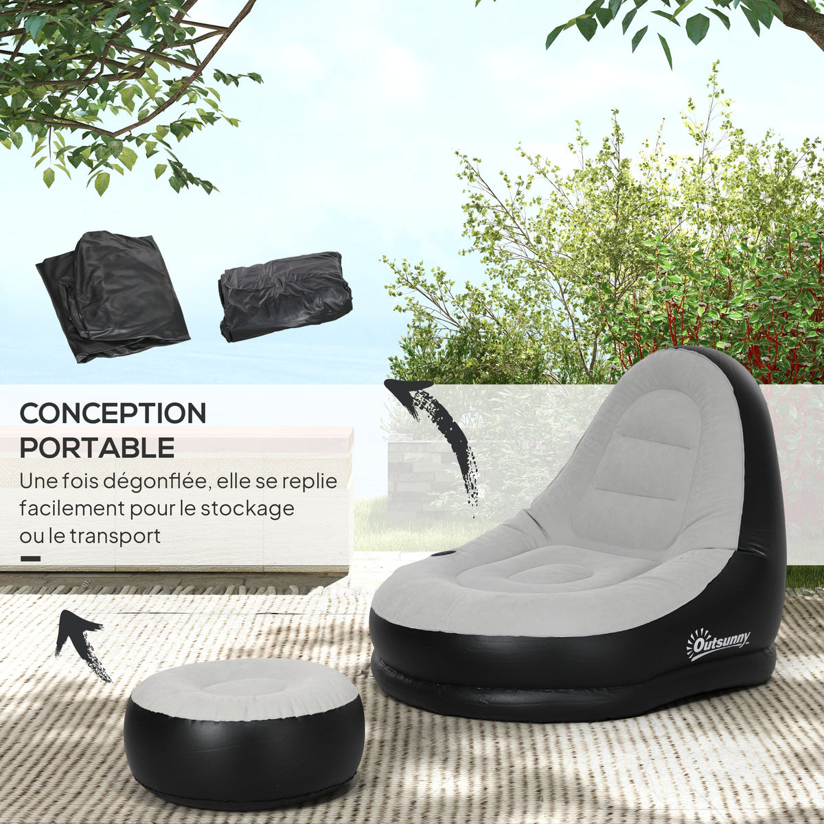 Canapé gonflable et repose-pieds, tissu aspect peluche doux et porte-gobelet, gris