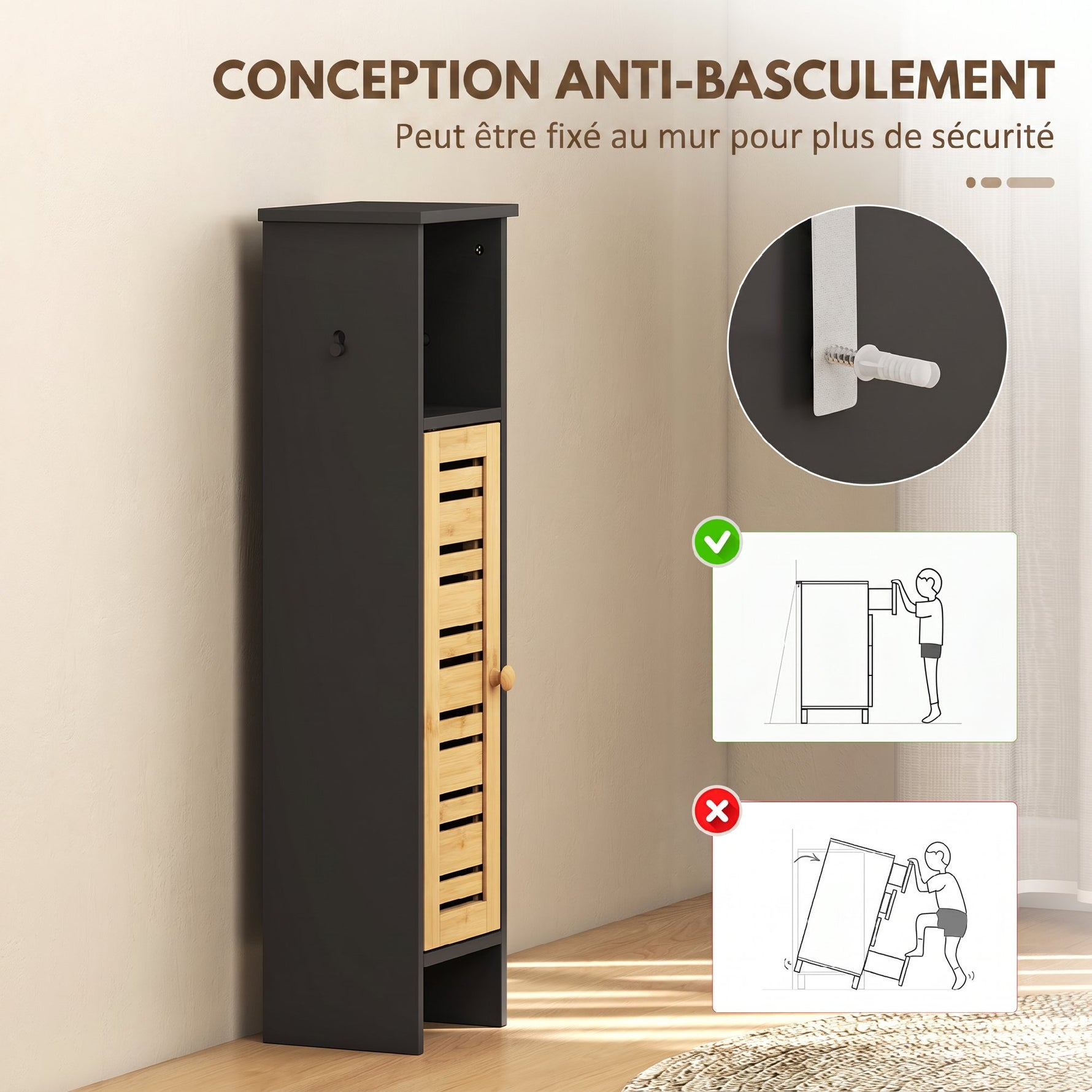 Meuble de salle de bain avec support papier toilette barre amovible 3 Niveaux + Sortie Papier, 78H cm, Bambou noir
