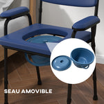 Chaise percée toilette multifonctions seau amovible hauteur réglable avec dossier siège et accoudoirs rembourrés bleu