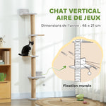 Étagères Murales pour Chat 180 cm, 4 Plateformes d'Escalade, Poteau à Griffer en Jute et Jouet Suspendu, Gris Clair