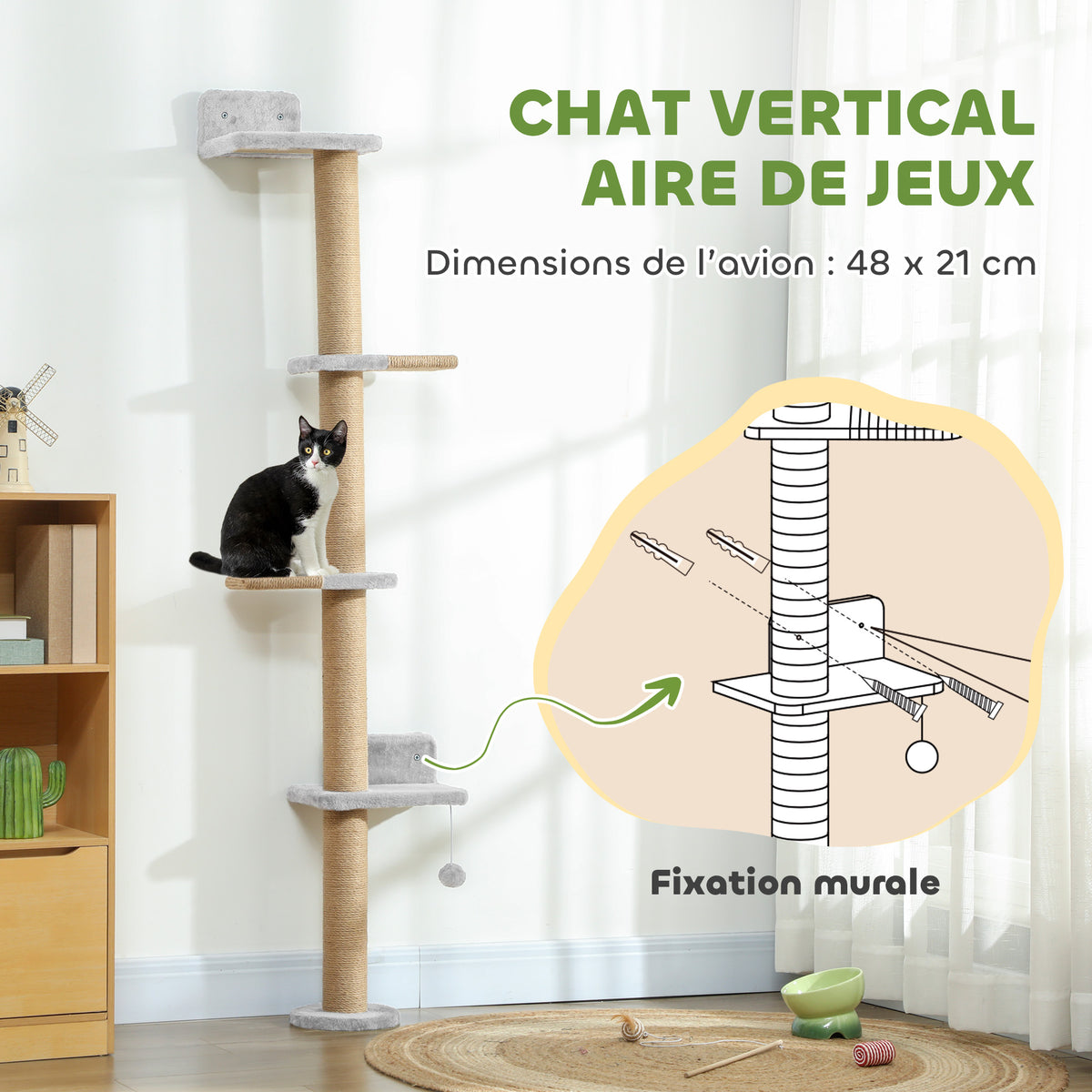 Étagères Murales pour Chat 180 cm, 4 Plateformes d'Escalade, Poteau à Griffer en Jute et Jouet Suspendu, Gris Clair